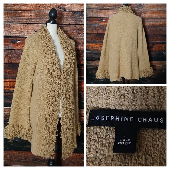 Josephine Chaus Vintage Cardigan Sweater Size L Tan Fringe Trim Hook & Eye Boho - Picture 1 of 10